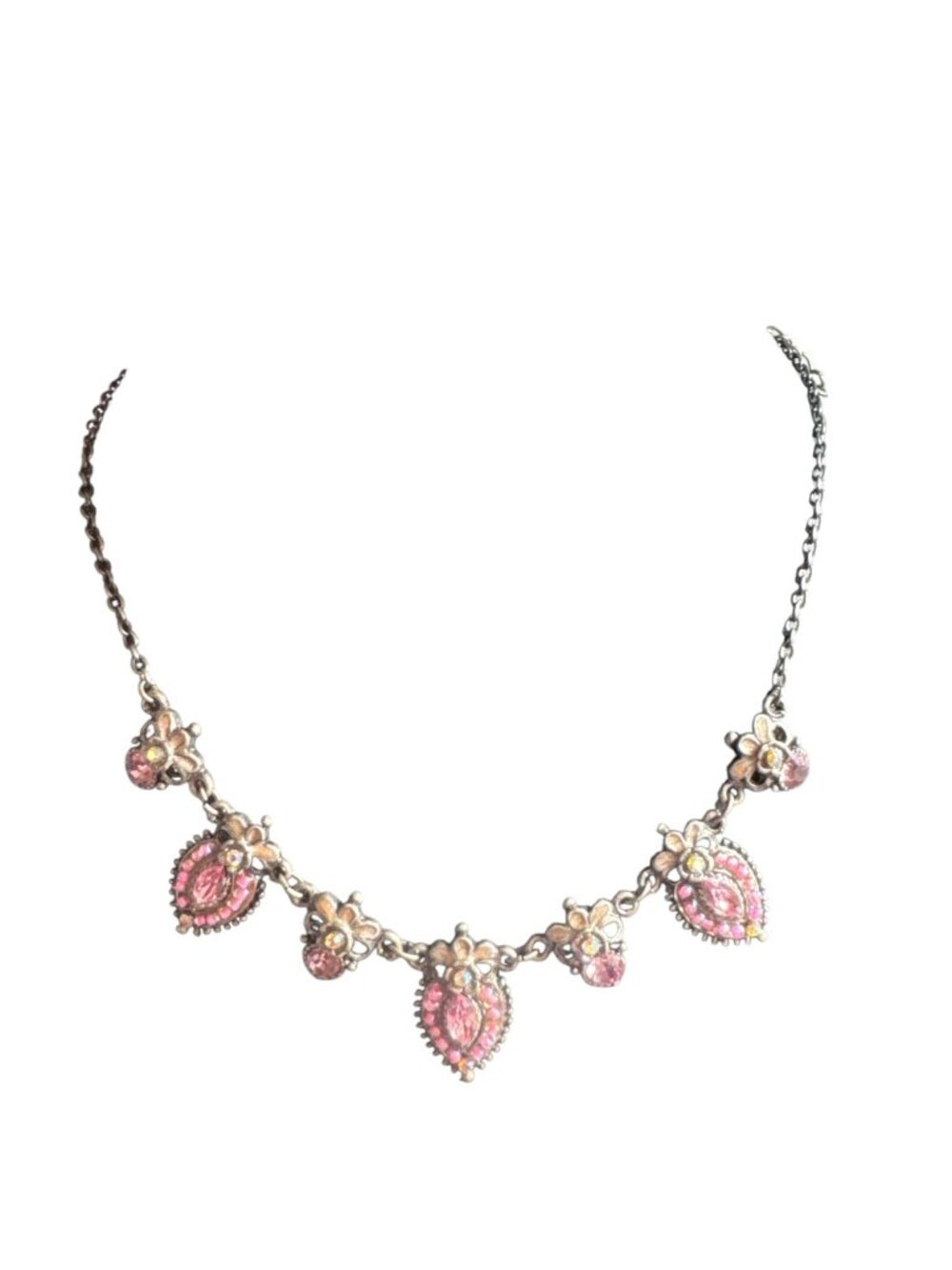 Vintage Silver Necklace With Pink Crystal Floral Motifs & Adjustable Chain Elega - Picture 3 of 6